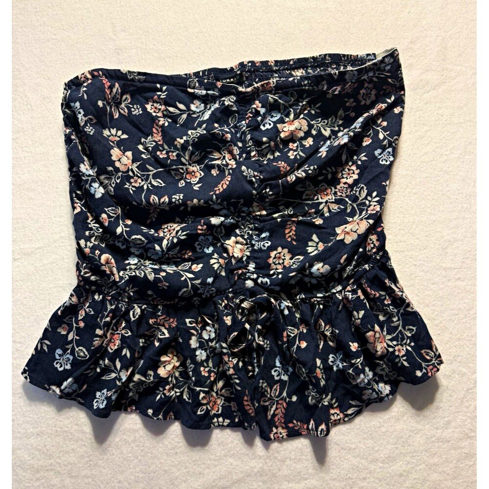 Torrid Size 1 1X Navy Floral Strapless Ruched Peplum Top 14/16